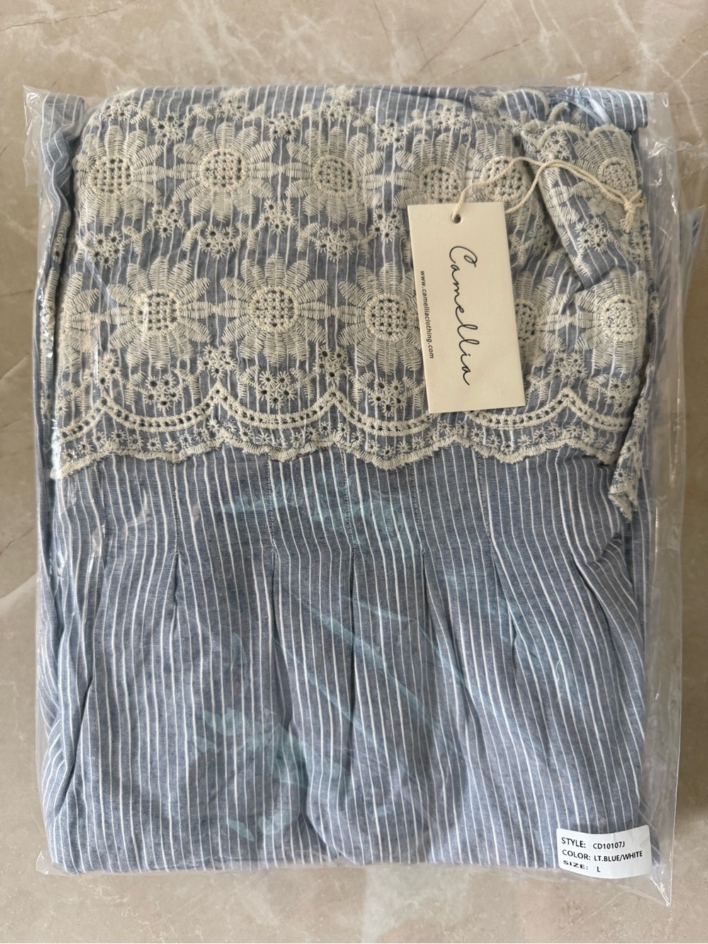 Camellia Light Blue Striped Midi Dress with White Embroidered Bodice - Picture 4 of 4
